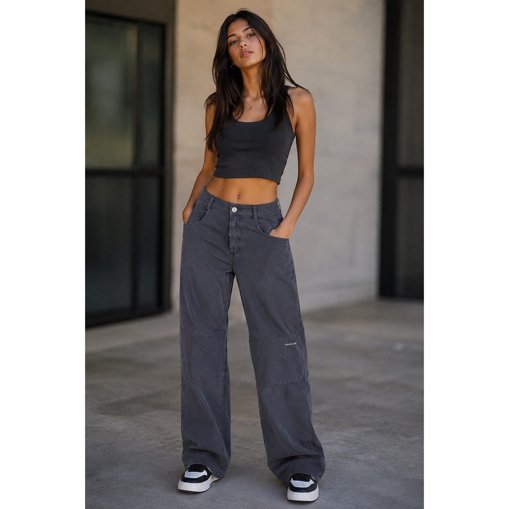 Gasoline Y2K Grunge Double Knee Wide Leg Utility Pants 28x31 Urban Tech Street
